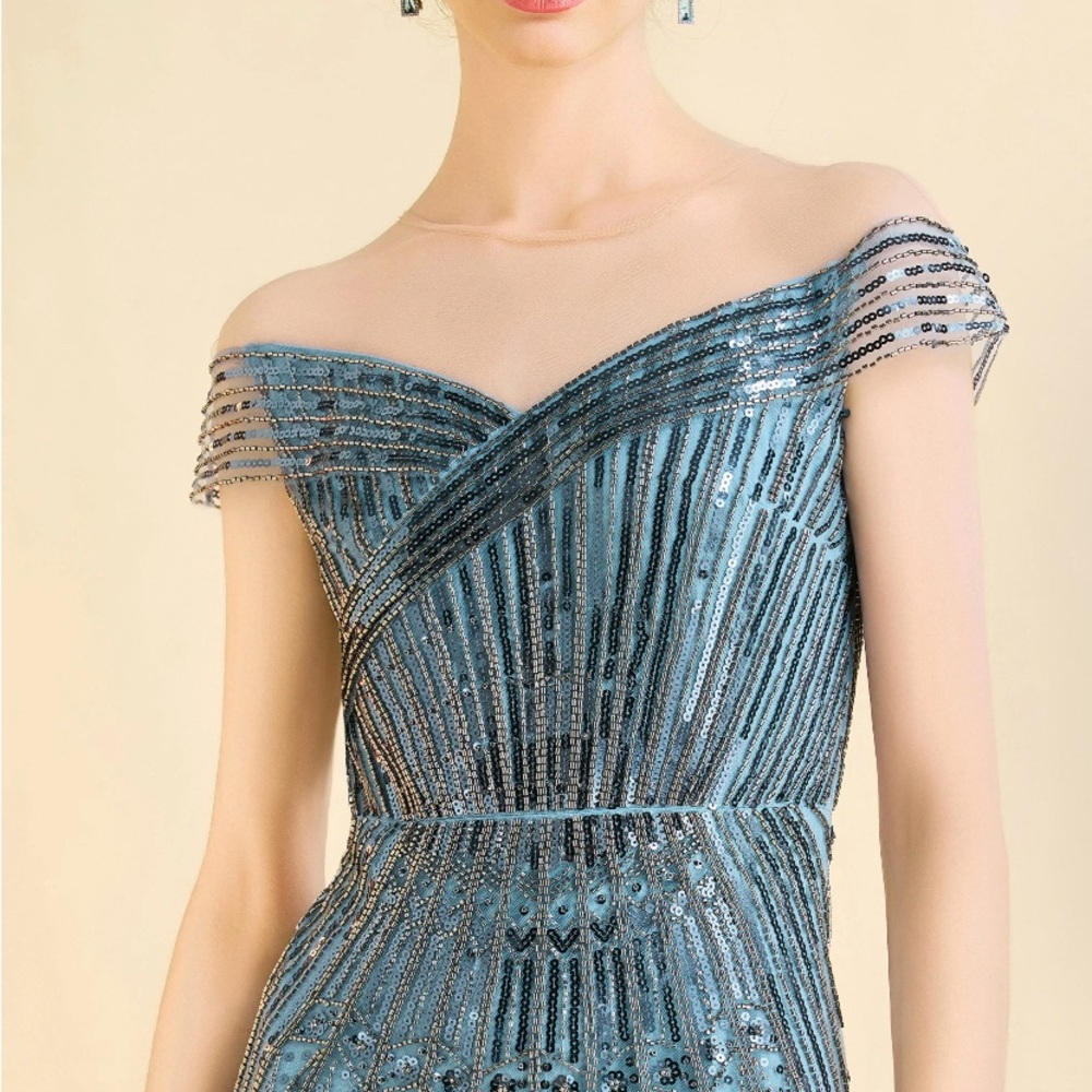 NEW Blue Embellished Off-Shoulder Gown for Weddings